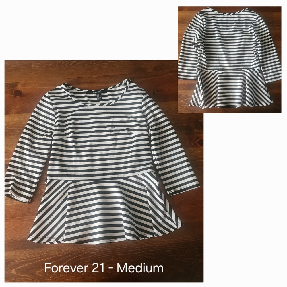 Forever 21 Black and White Striped Peplum Blouse